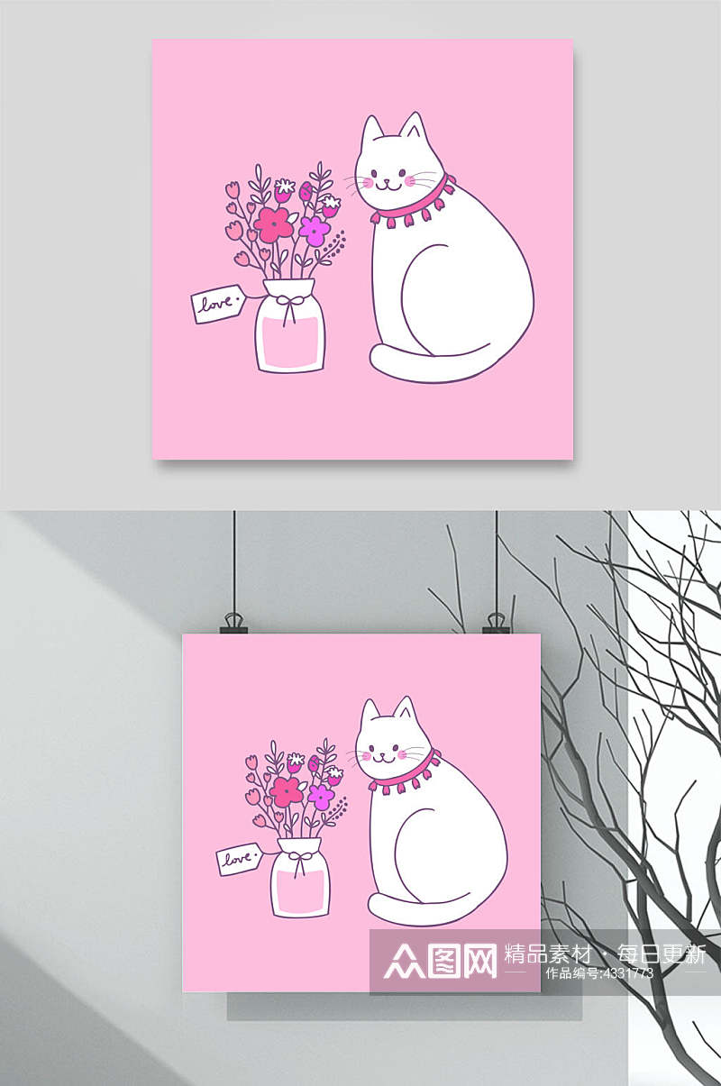粉色花卉卡通猫咪矢量素材素材
