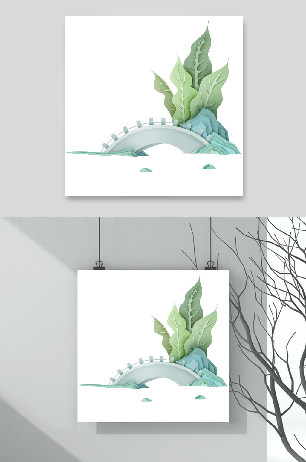 拱桥水彩清新山水插画素材素材