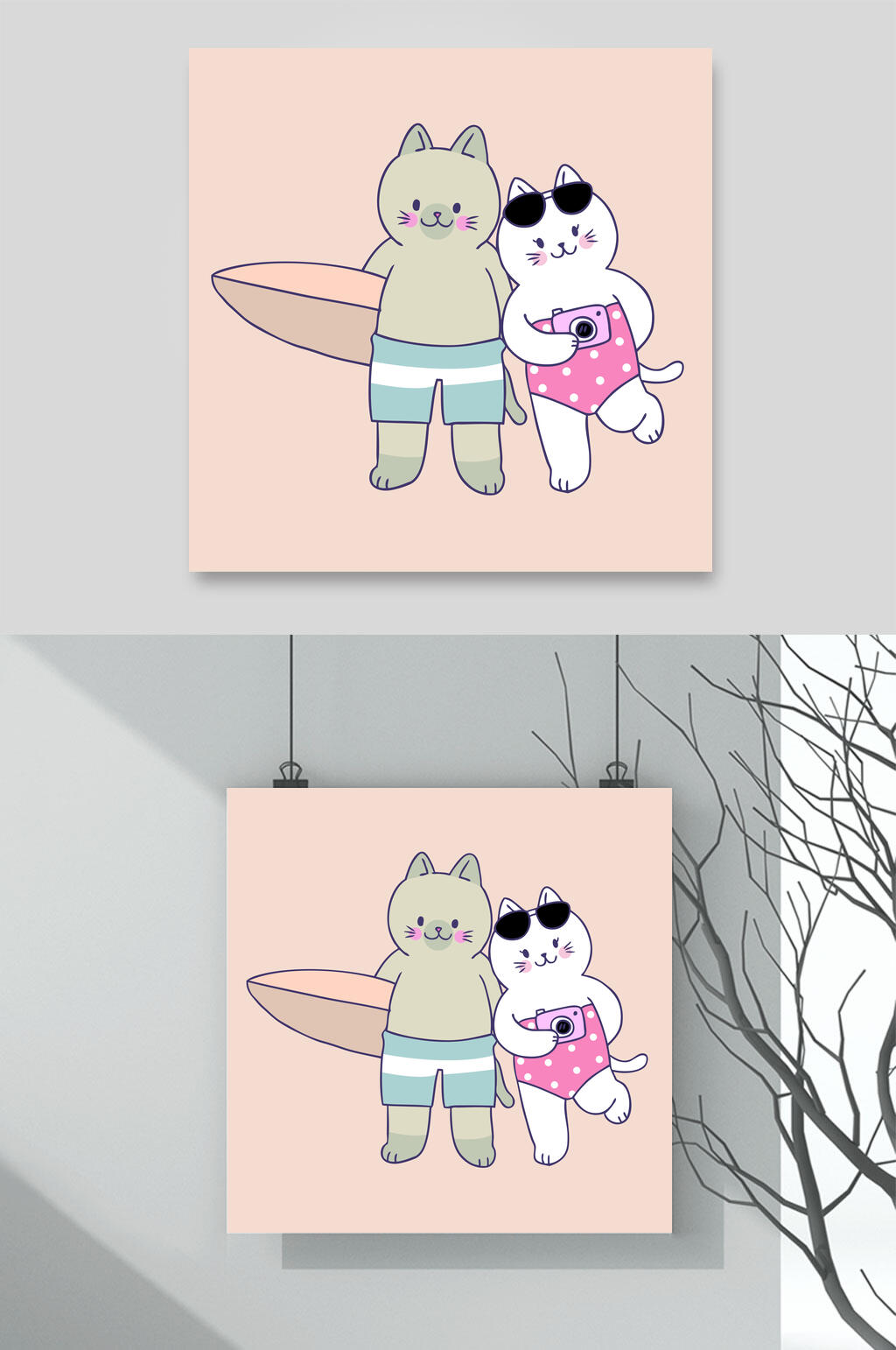 小猫冲浪卡通猫咪矢量素材素材