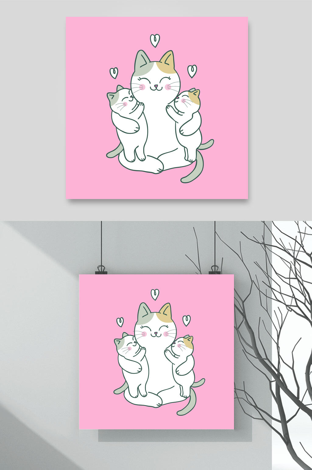 粉色背景爱心卡通猫咪矢量素材素材