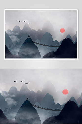 太阳中国风山水插画