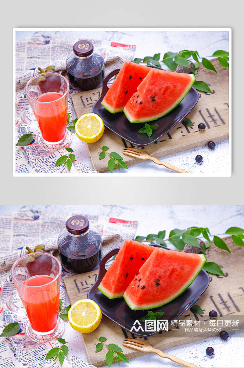 西瓜和西瓜汁清新奶茶果汁图片素材