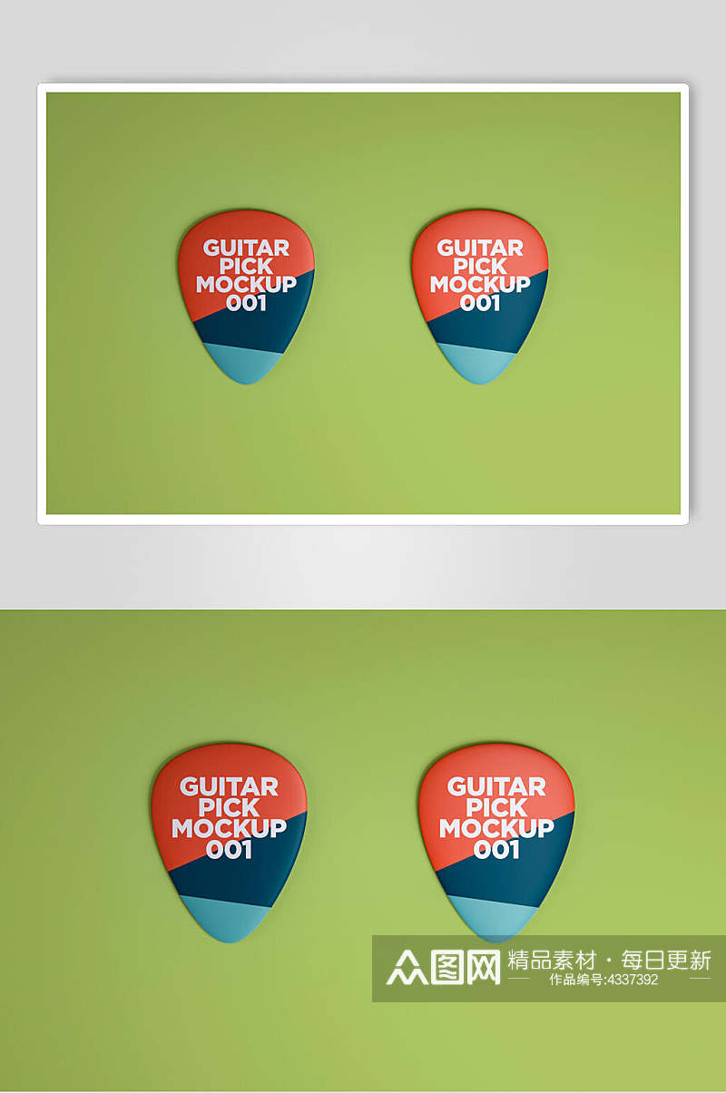 英文平放红蓝绿色清新吉他拨片样机素材