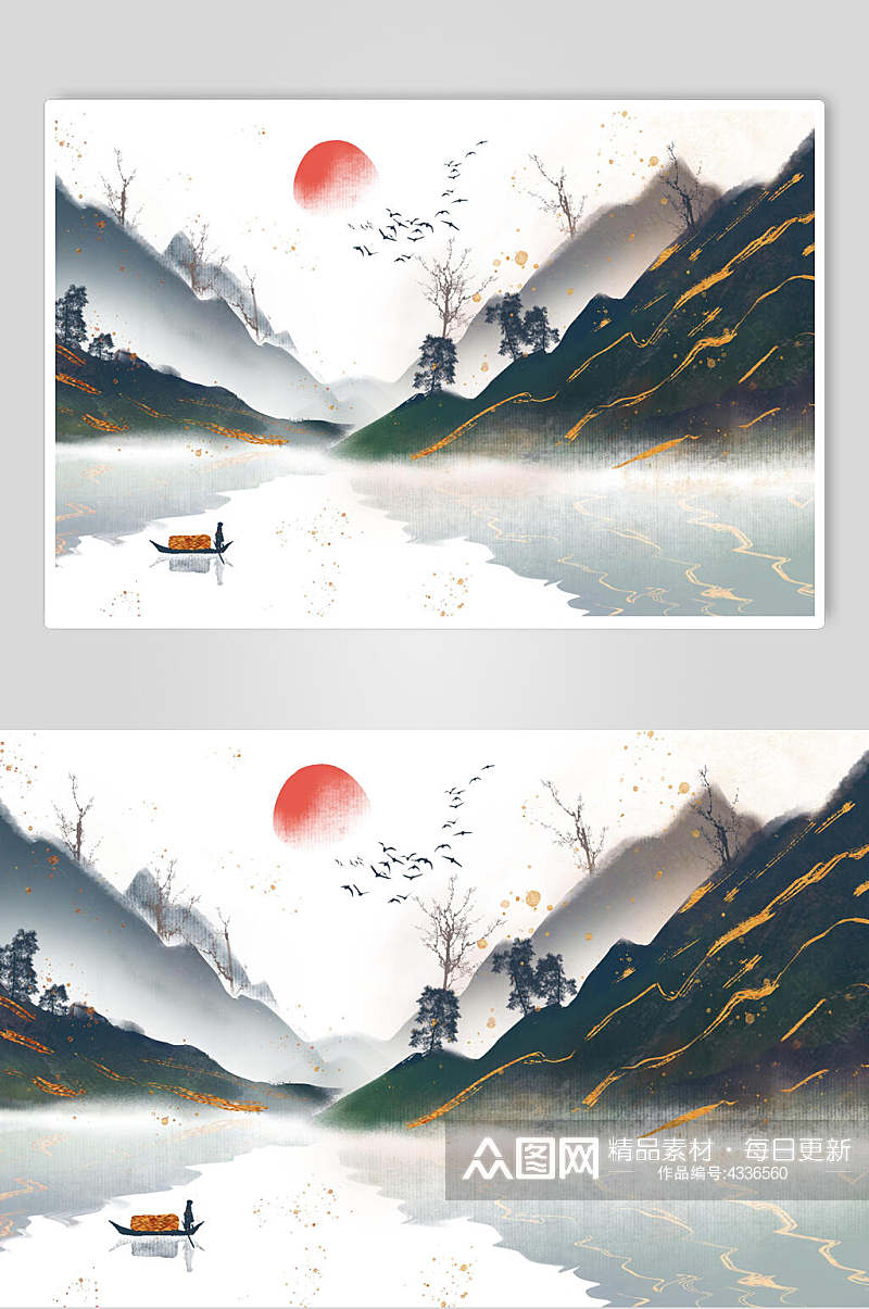 红太阳中国风山水插画素材