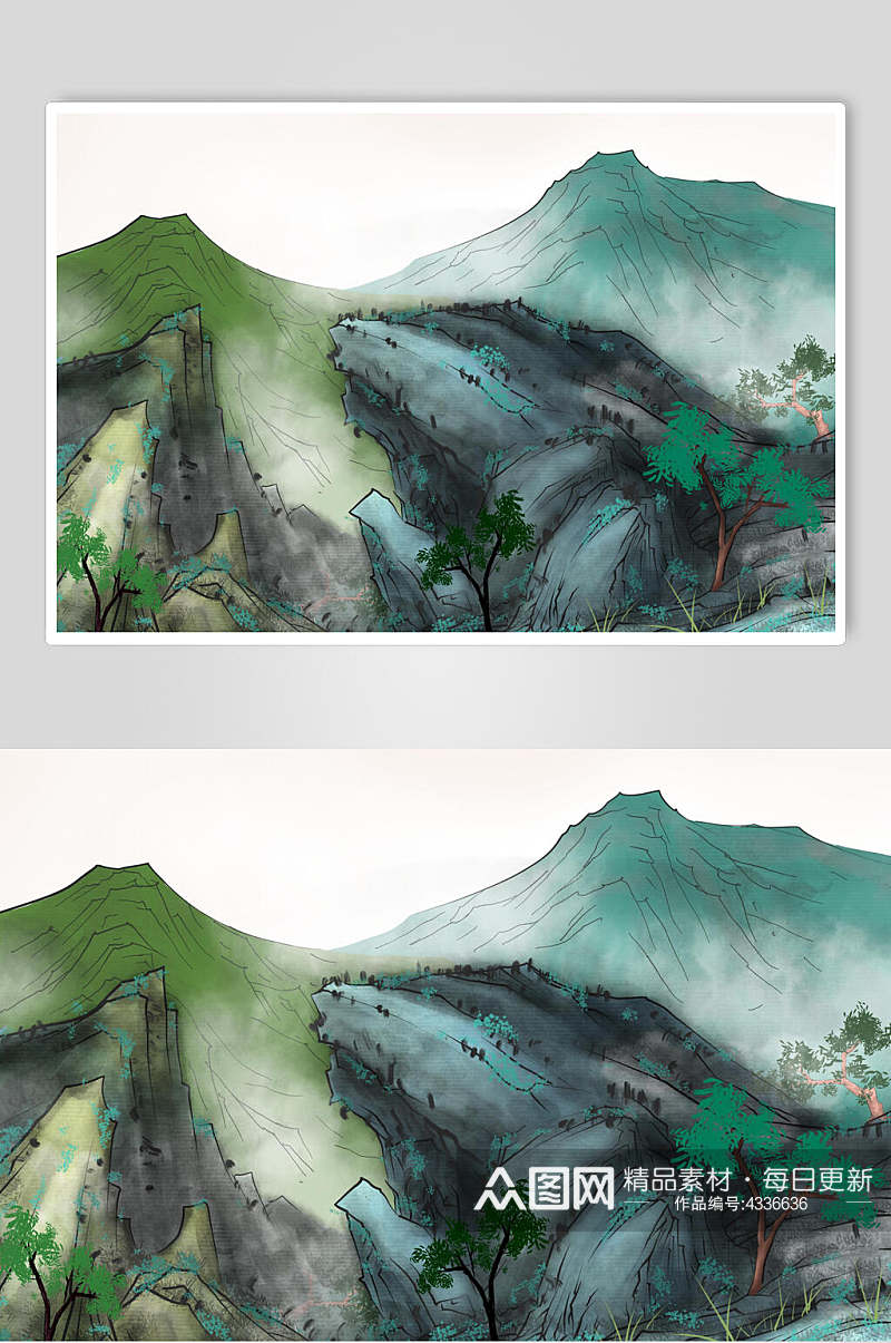 蓝绿中国风山水插画素材