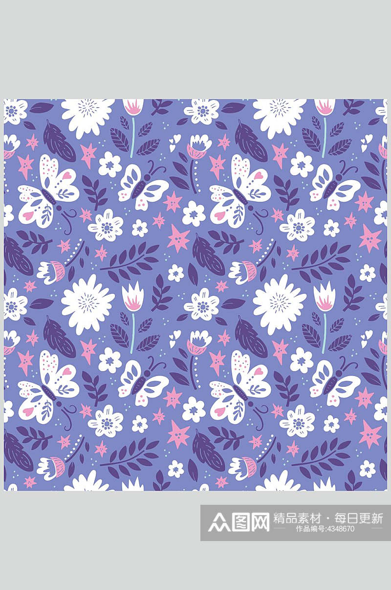 紫色白花蝴蝶卡通重复碎花无缝图片素材