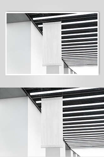线条黑白创意高端室内吊旗贴图样机