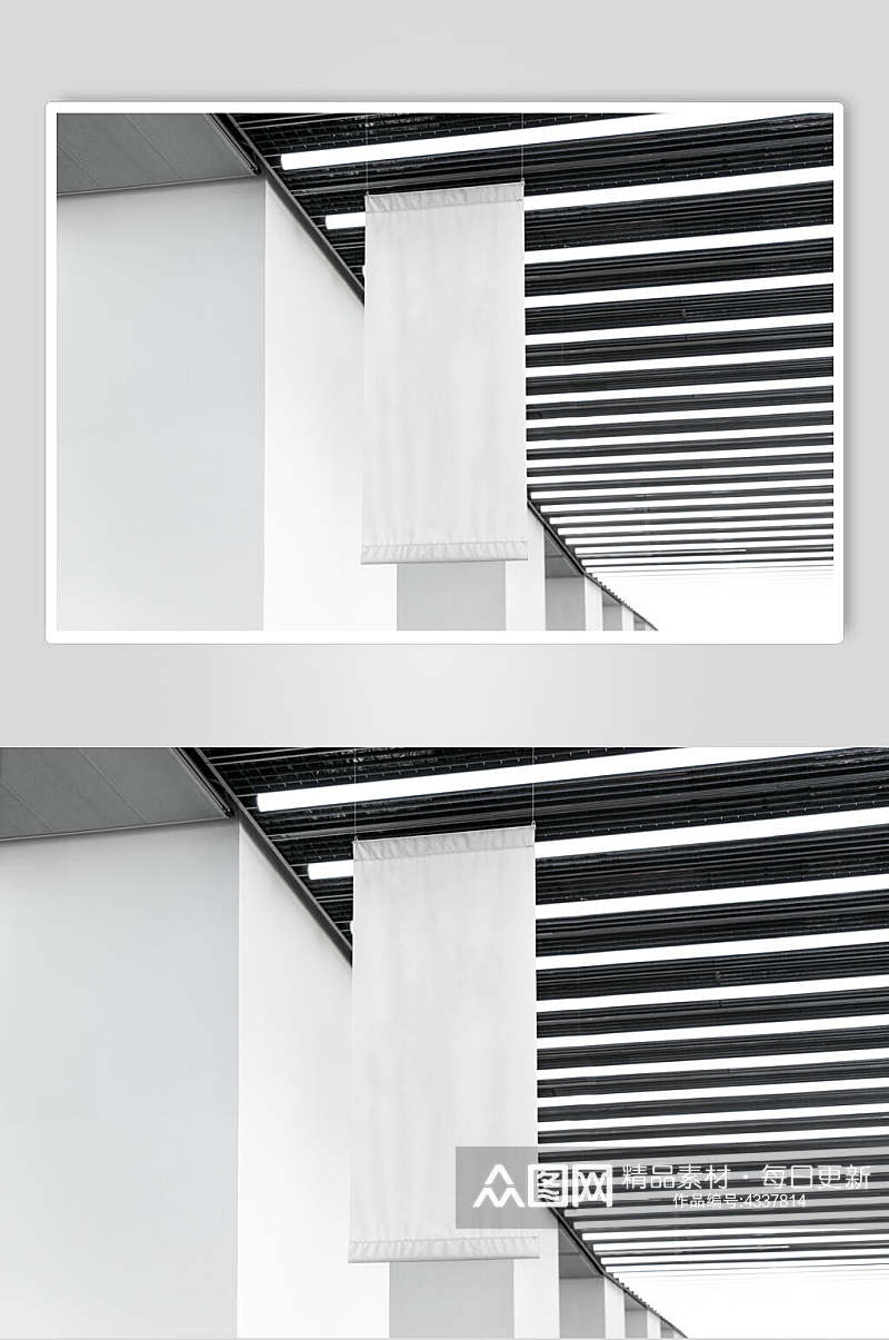 线条黑白创意高端室内吊旗贴图样机素材