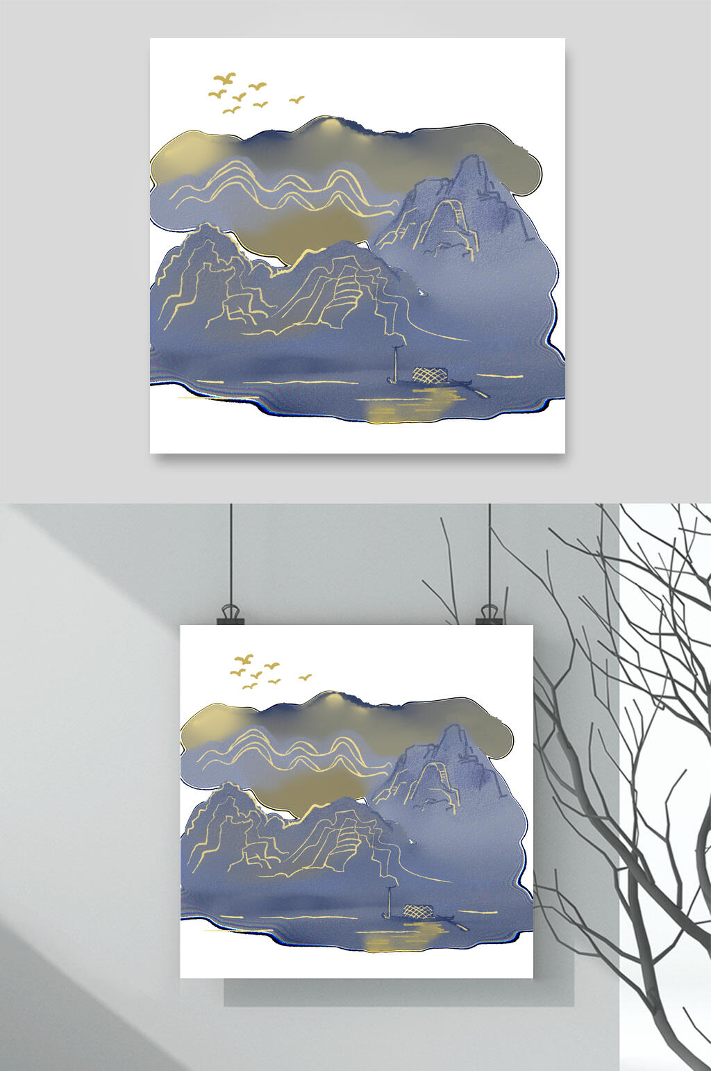 烫金线中国风山水素材素材