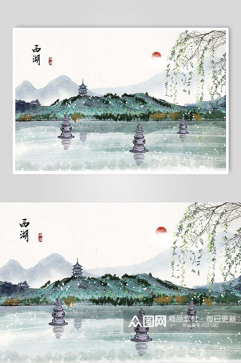 西湖城市地标建筑插画素材