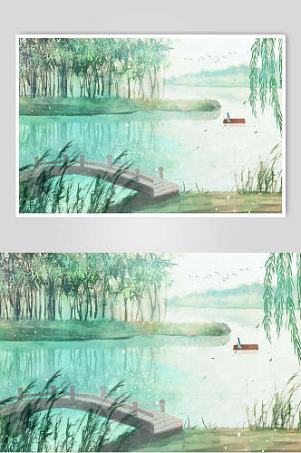 绿色水彩中国风山水插画
