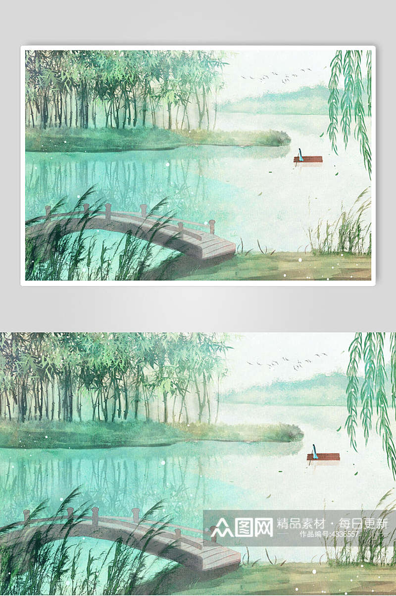 绿色水彩中国风山水插画素材