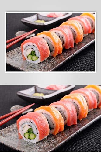 银白盘子生鱼片美味寿司实拍图片