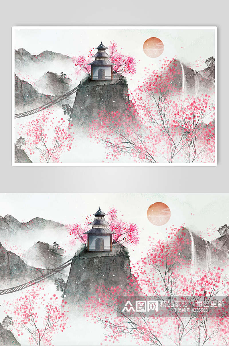 红色花卉中国风山水插画素材