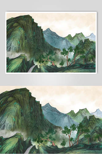 绿色山峰中国风山水插画