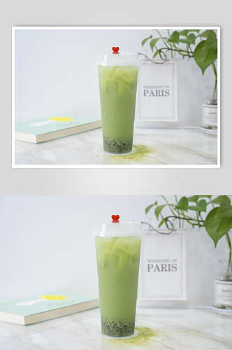 抹茶绿色冰块清新奶茶果汁图片