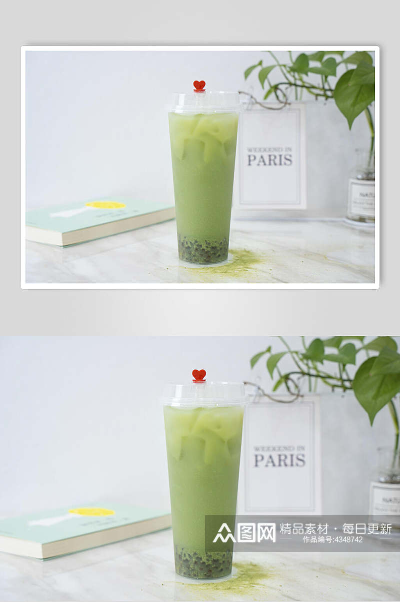抹茶绿色冰块清新奶茶果汁图片素材