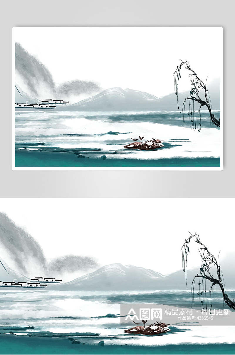 绿色中国风山水插画素材