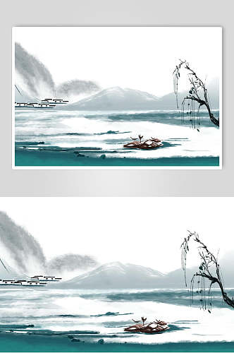 绿色中国风山水插画