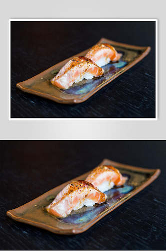 咖啡色方盘子美味寿司实拍图片