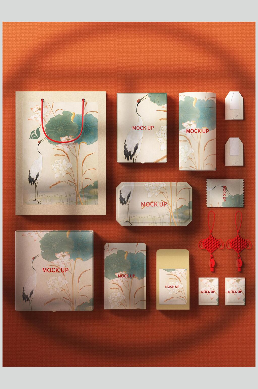 绳子仙鹤创意红国潮风茶叶包装样机素材