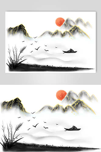 黑白中国风山水插画