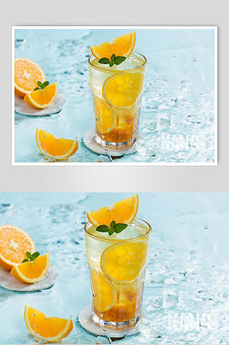 玻璃杯冰柠檬清新奶茶果汁图片