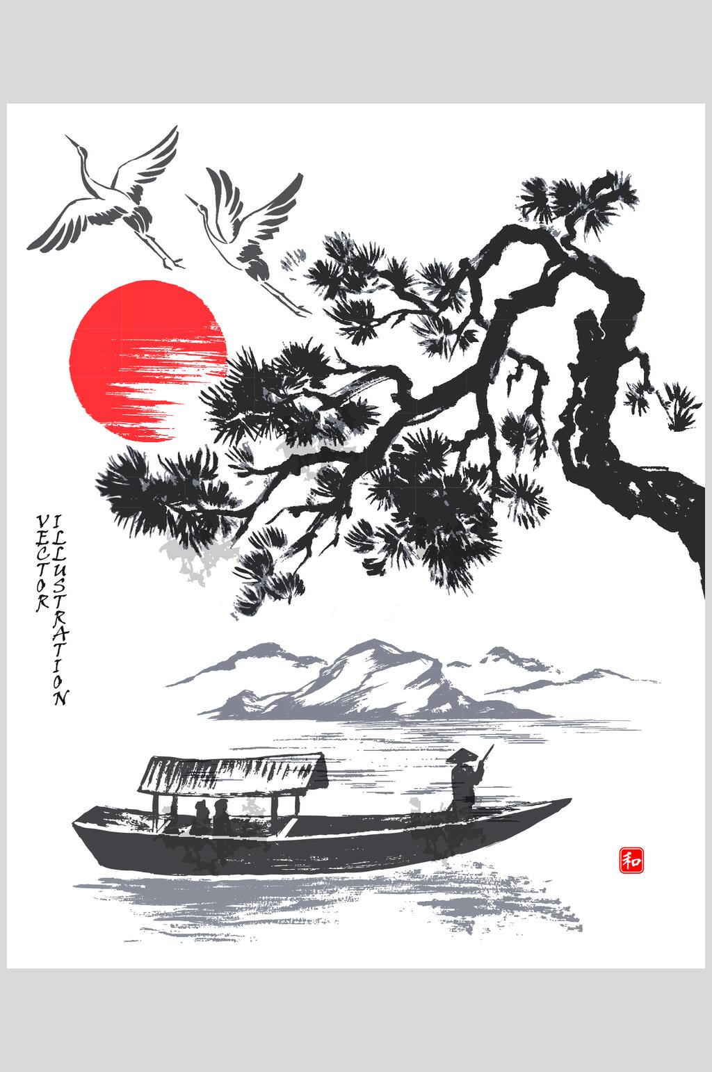 精致水墨山水矢量素材素材