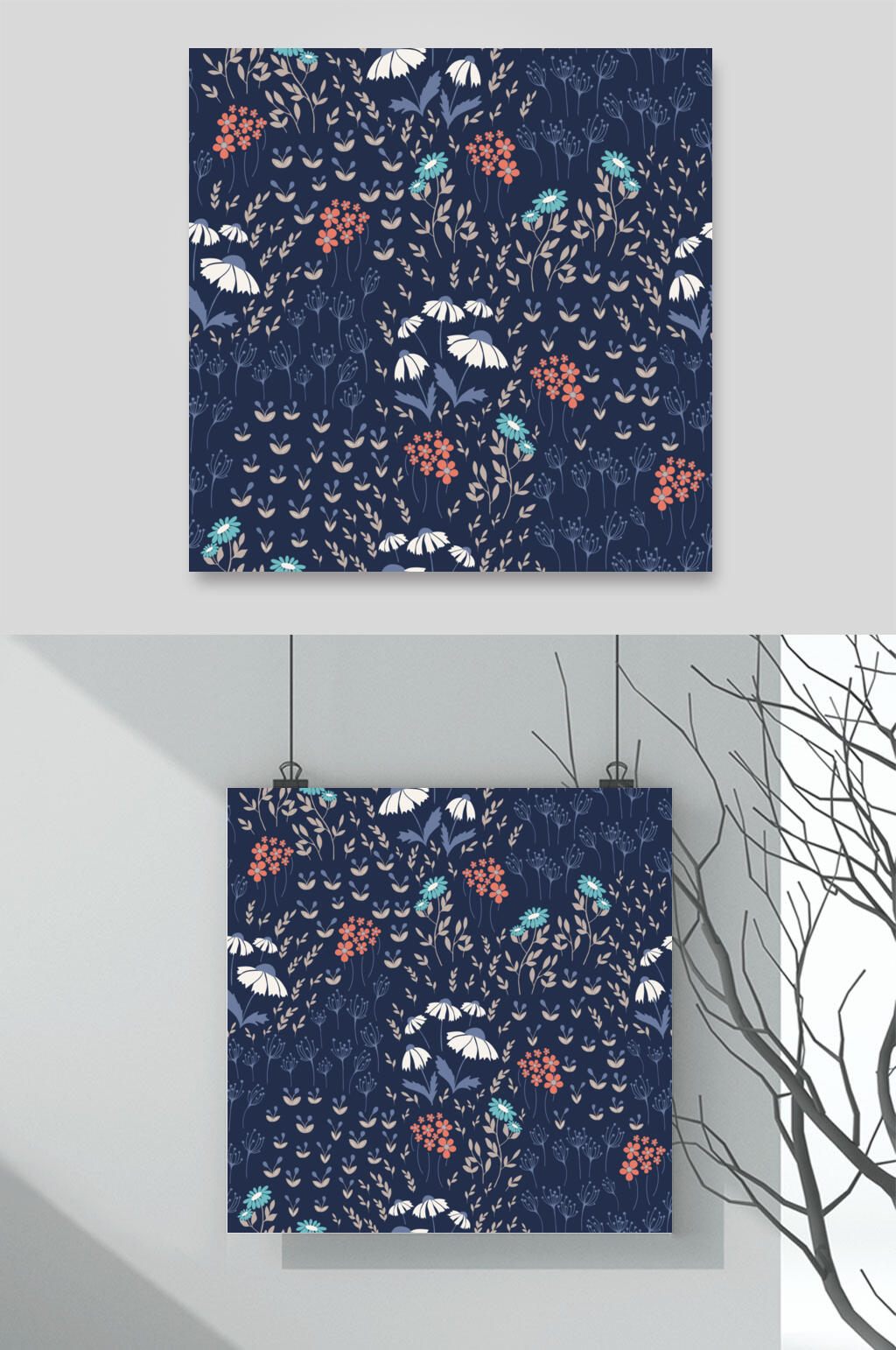蓝色花卉森林无缝矢量素材素材