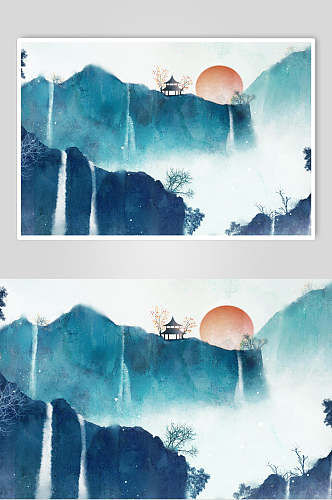 瀑布中国风山水插画