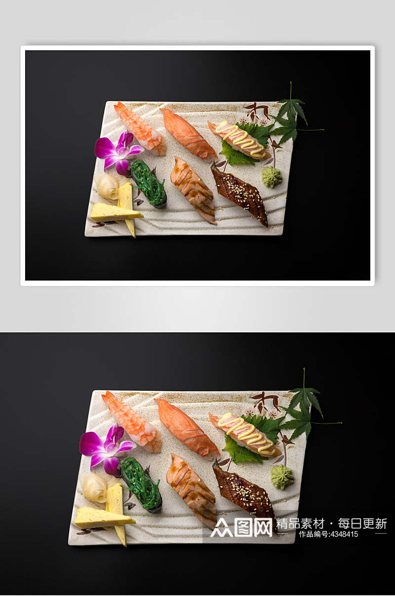 条状烤肉花草装饰美味寿司实拍图片素材