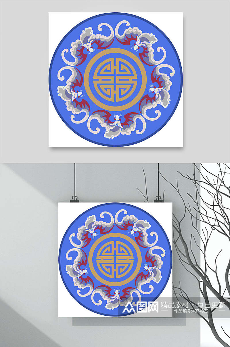 中式蓝色中风刺绣矢量图案素材素材