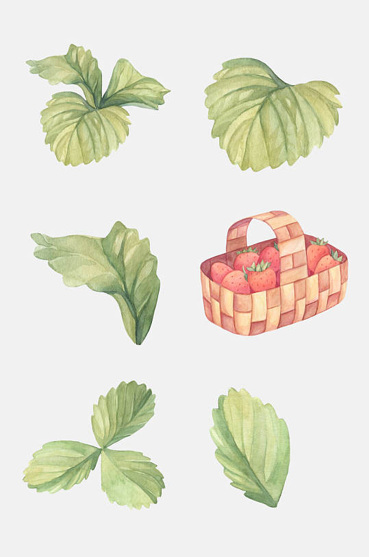 手绘新鲜绿色叶子草莓免抠素材