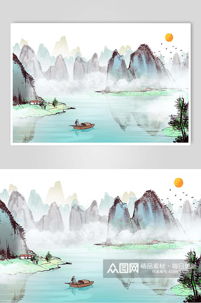 手绘中国风山水插画素材
