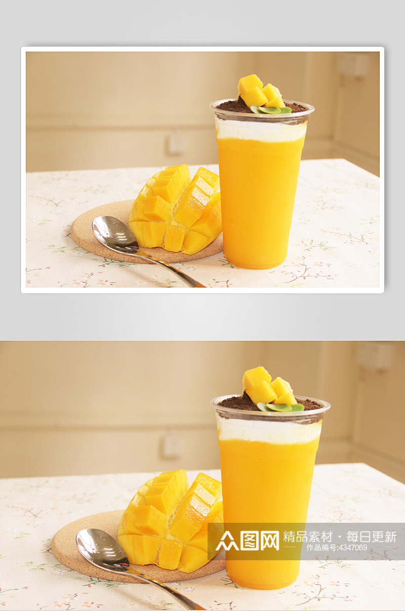 芒果块咖啡奶盖清新奶茶果汁图片素材