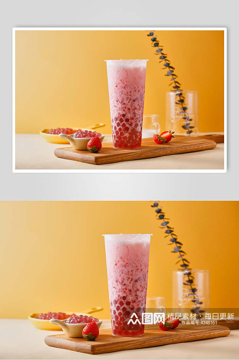草莓芋圆爆珠清新奶茶果汁图片素材