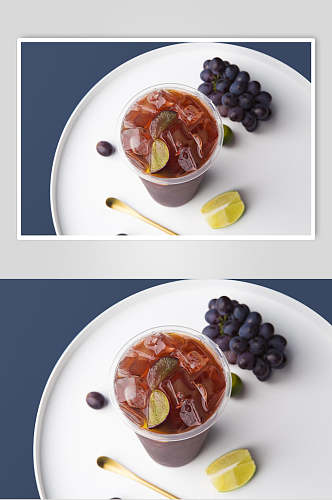 紫色葡萄水果冰块清新奶茶果汁图片