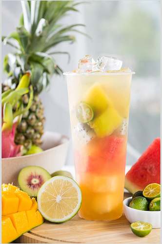 菠萝芒果水果茶冰块清新奶茶果汁图片