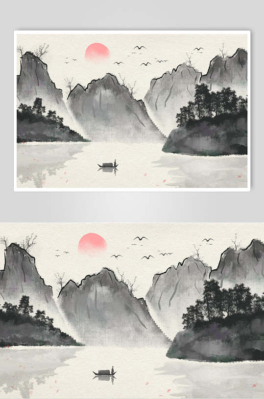 黑白复古中国风山水插画