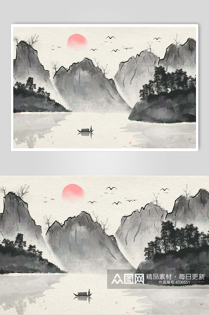 黑白复古中国风山水插画素材