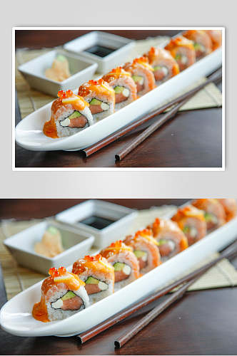 碟子筷子三文鱼寿司美食摄影图片