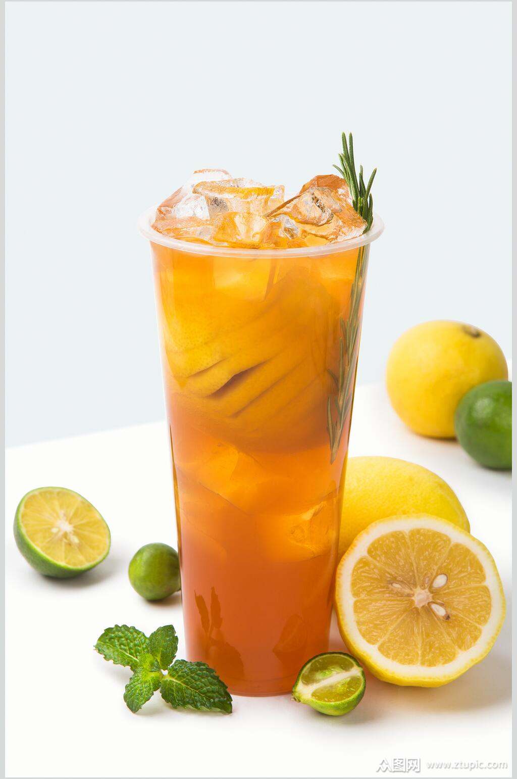 橙黄色金桔柠檬薄荷叶加冰奶茶图片素材