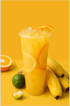 大杯鲜榨香蕉橙子柠檬清新奶茶果汁图片