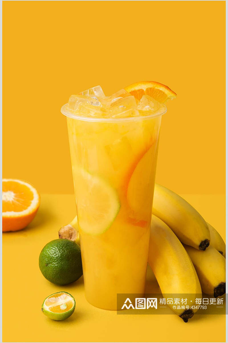 大杯鲜榨香蕉橙子柠檬清新奶茶果汁图片素材