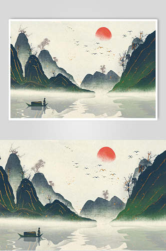 绿色太阳中国风山水插画