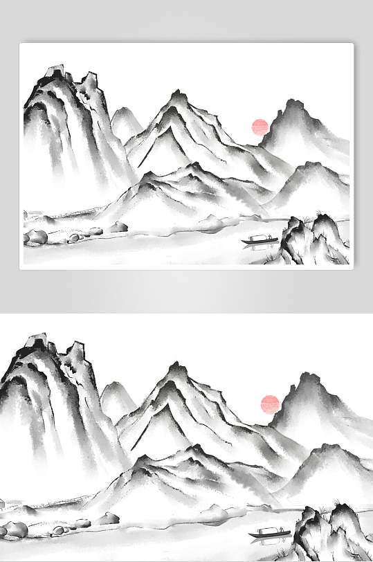 黑白水墨中国风山水插画