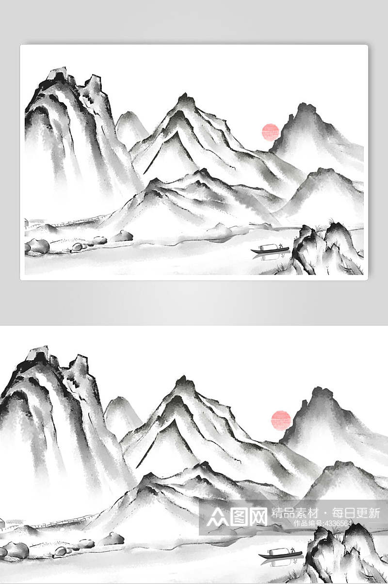 黑白水墨中国风山水插画素材