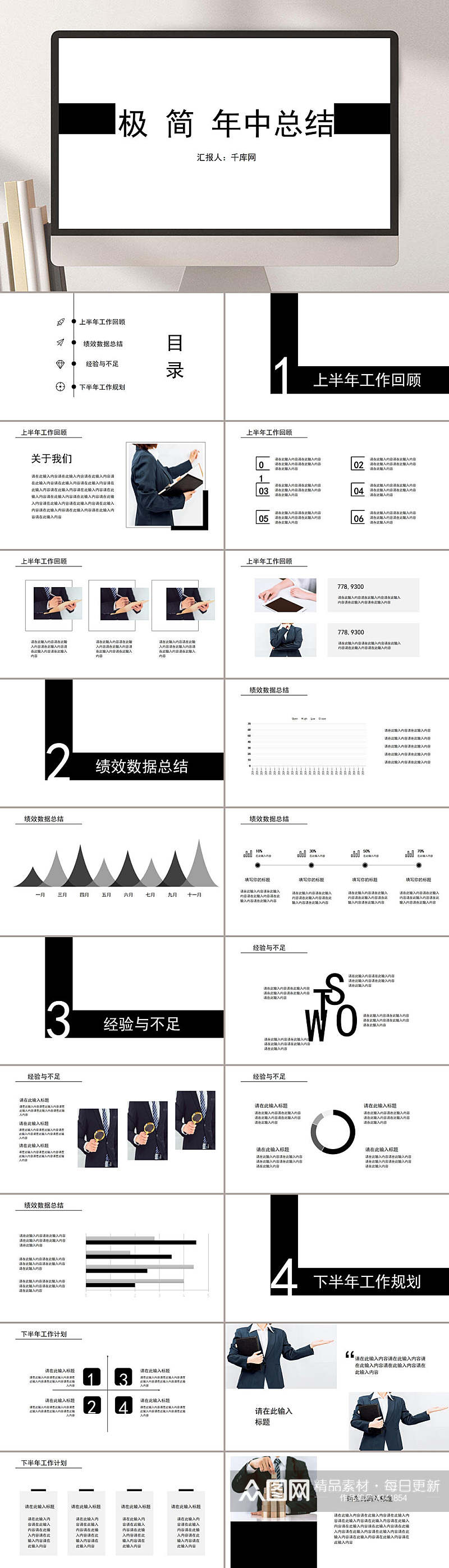 年中总结黑白商务时尚极简汇报PPT素材