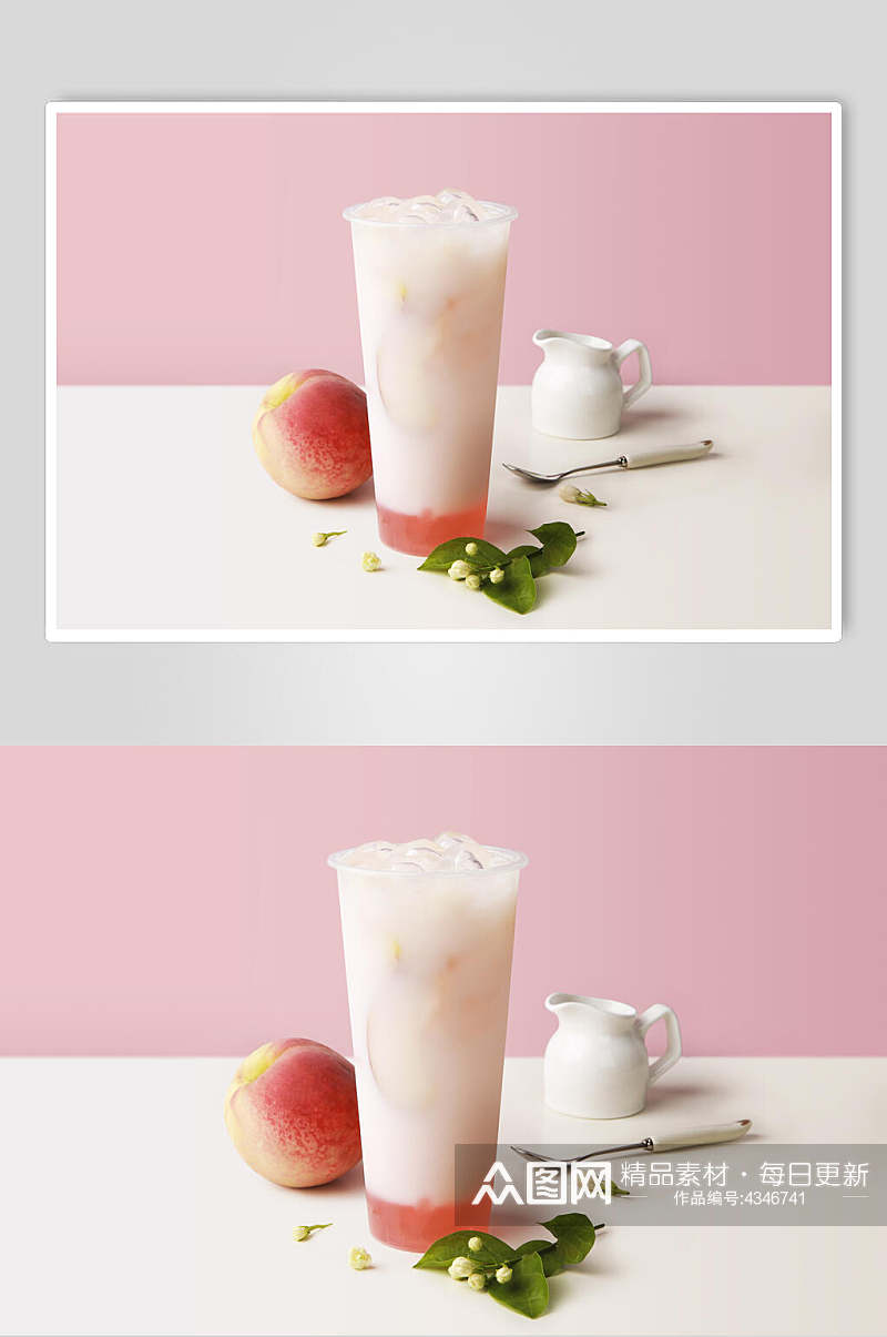 纯白色桃子加冰奶茶图片素材