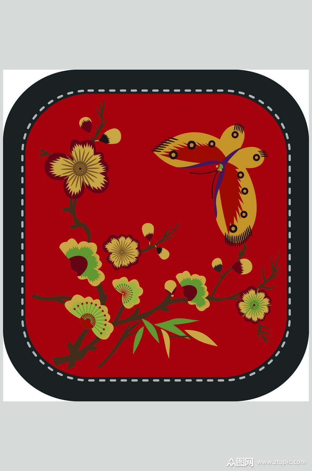 红色中风刺绣矢量图案素材素材